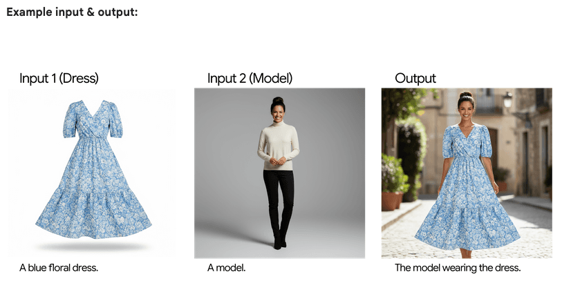 Example showing input dress image, model image, and final generated result