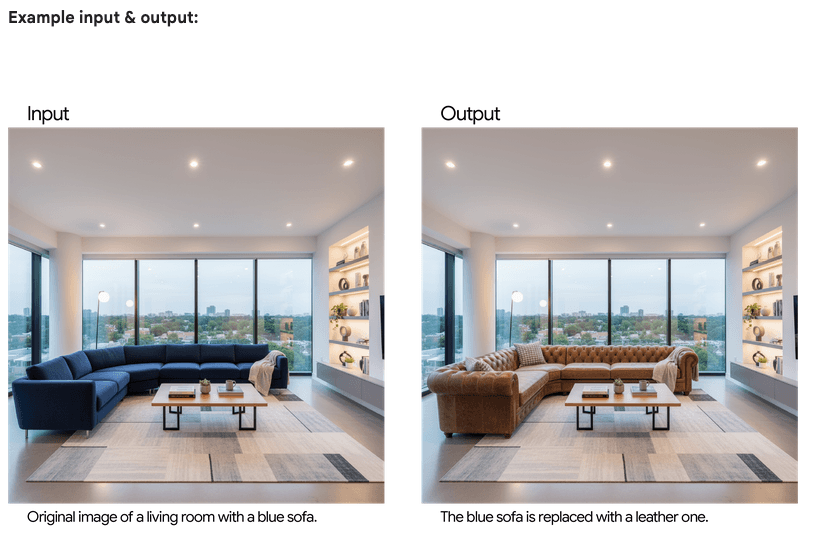 Example showing input living room with blue sofa transformed to brown leather chesterfield